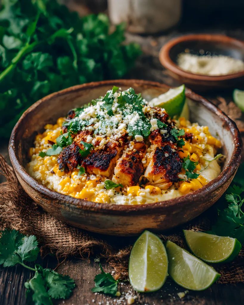 Rustic bowl filled with grilled chicken, creamy corn, fresh cilantro, cotija cheese, and lime—finished Corn Chicken Bowl.