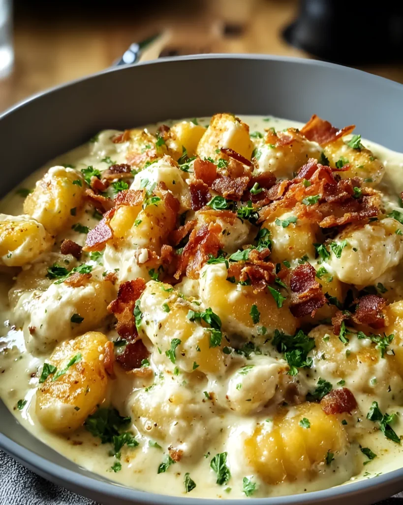 Close-up of creamy crack chicken gnocchi topped with crispy bacon and parsley in a bowl