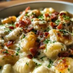 Creamy crack chicken gnocchi topped with crispy bacon and fresh herbs in a bowl