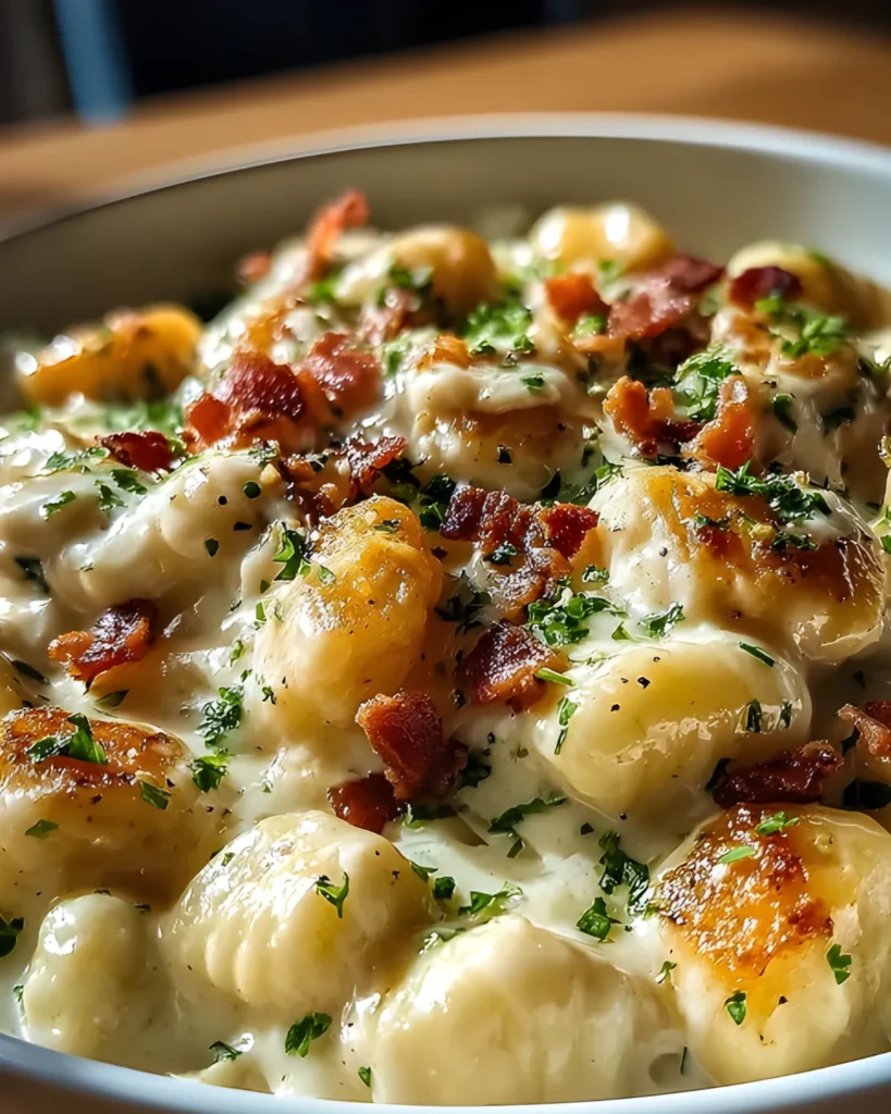 Creamy crack chicken gnocchi topped with crispy bacon and fresh herbs in a bowl