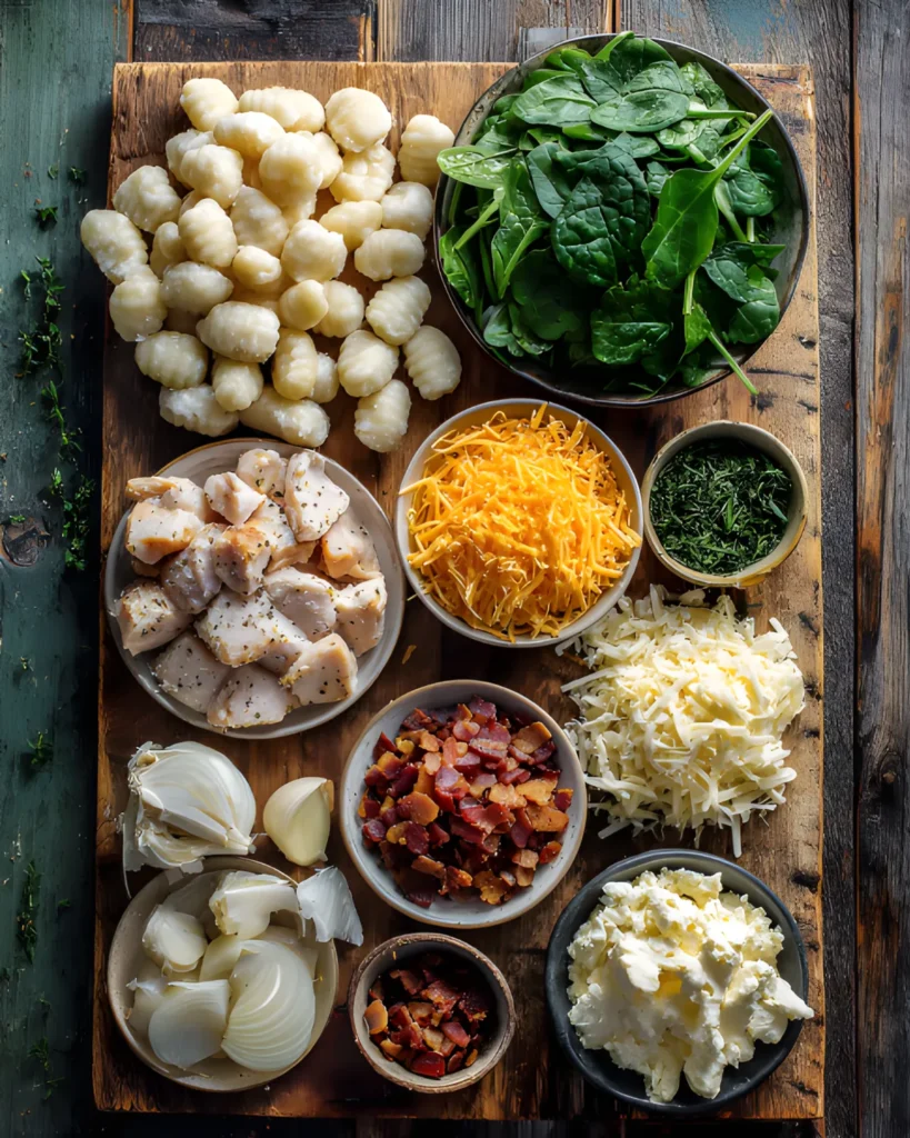 Flatlay of ingredients for crack chicken gnocchi including gnocchi, spinach, bacon, cheese, chicken, and onions