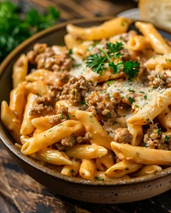Creamy Beef Pasta made with penne pasta, seasoned ground beef, parmesan cheese, and fresh parsley in a rich creamy sauce.