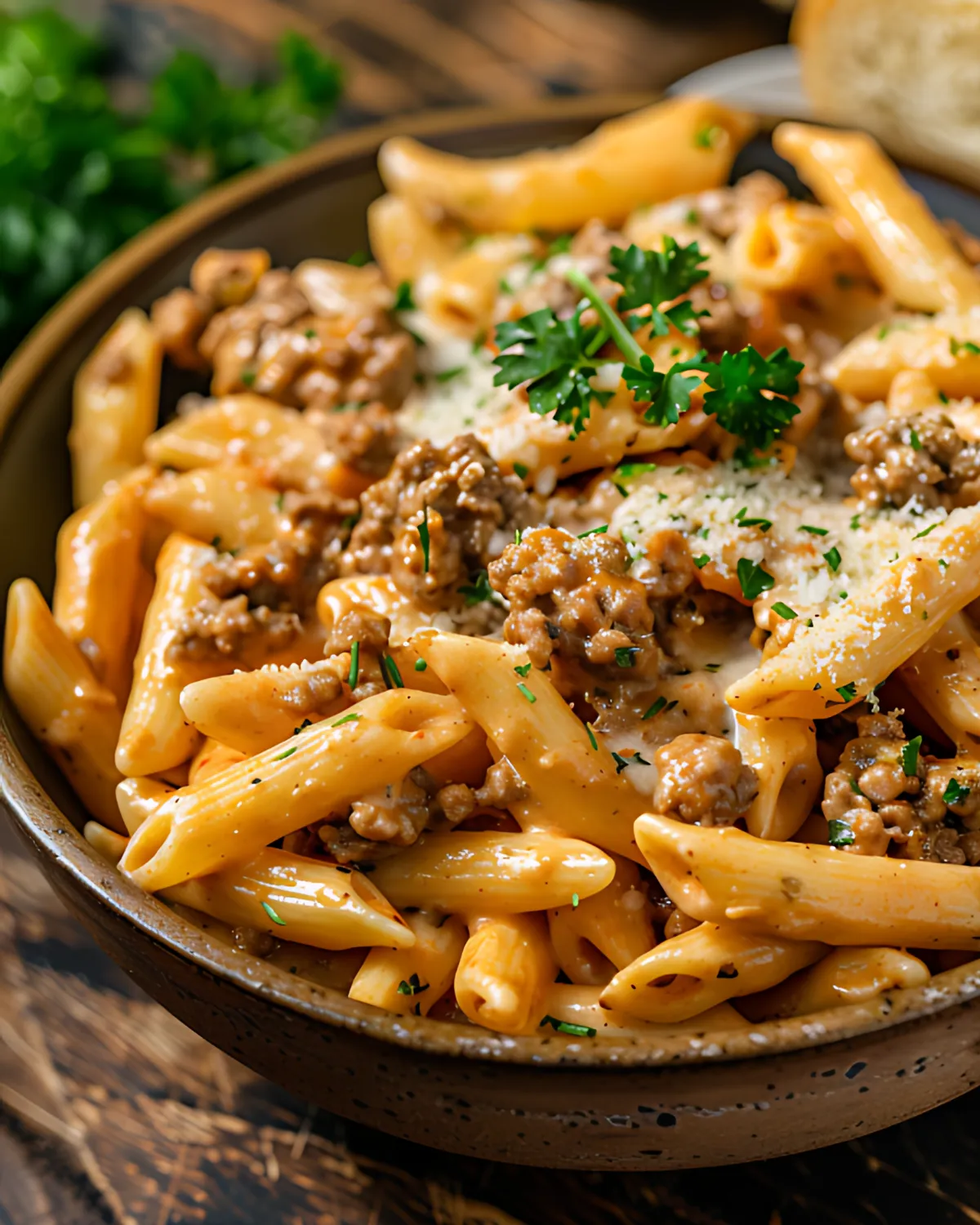 Creamy Beef Pasta made with penne pasta, seasoned ground beef, parmesan cheese, and fresh parsley in a rich creamy sauce.