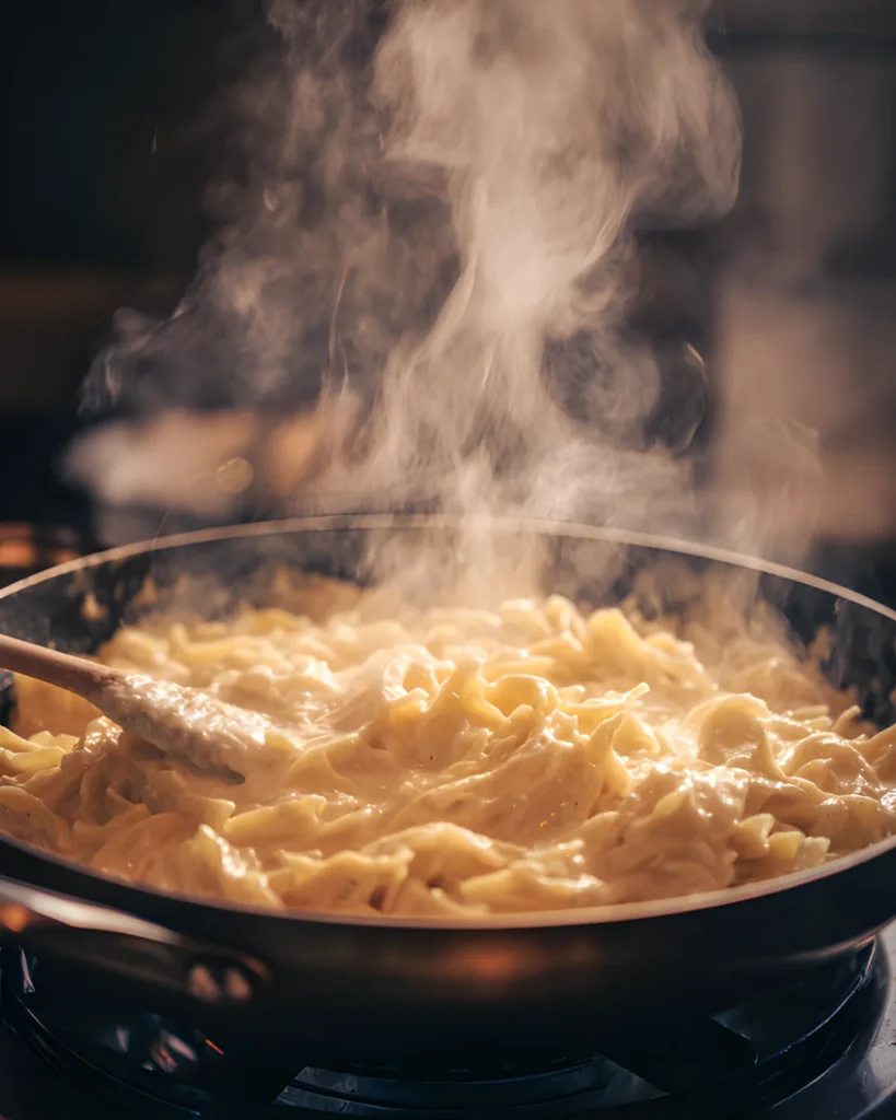 Creamy Cajun sausage pasta simmering in a skillet with steam rising, coated in a rich, golden sauce