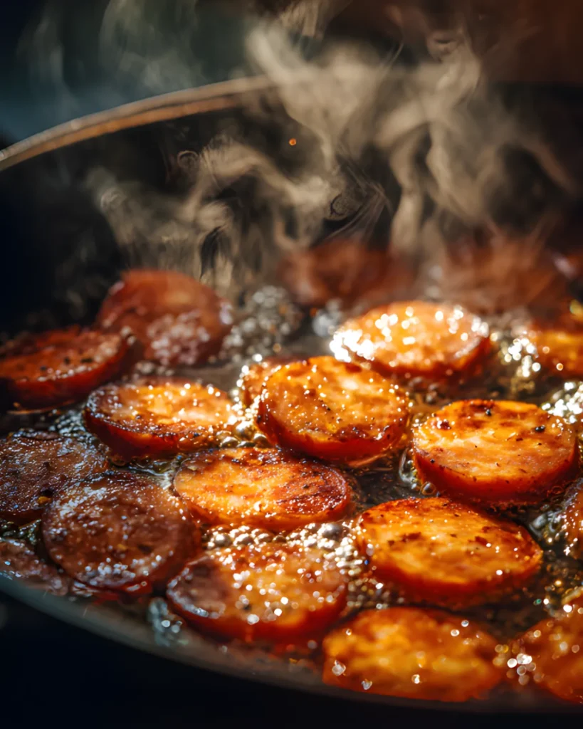 Sliced smoked sausage sizzling in a hot skillet for creamy Cajun sausage pasta, with visible steam and caramelized edges