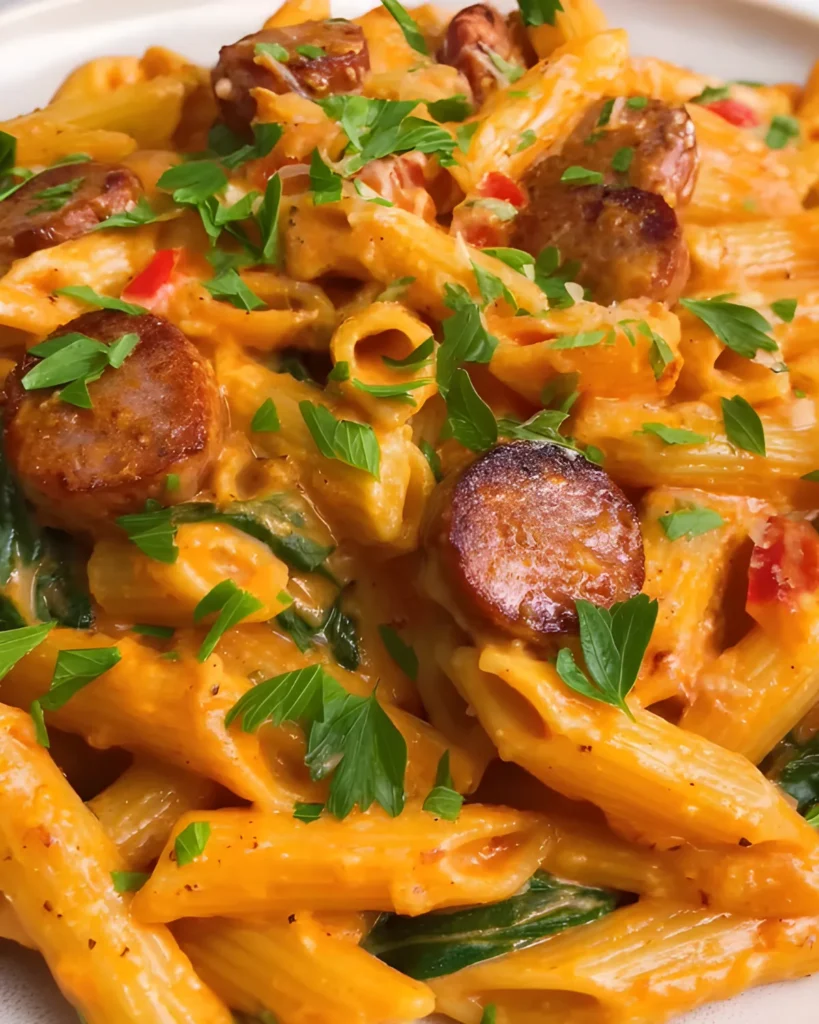 Creamy Cajun sausage pasta with penne, seared sausage slices, red peppers, spinach, and parsley served on a white plate