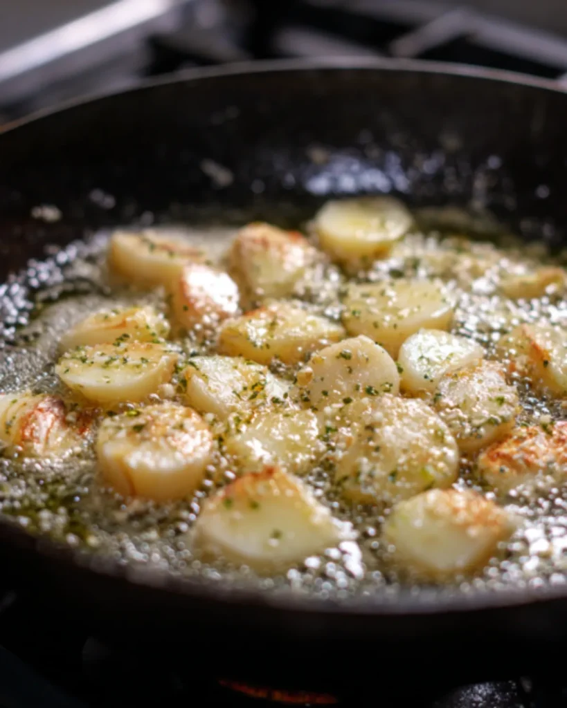 Scallops sautéing in garlic butter for creamy garlic pasta