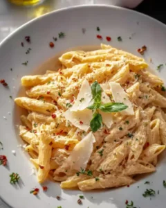 Creamy garlic pasta with penne topped with parmesan and herbs