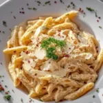 Creamy garlic pasta garnished with parsley, parmesan, and red pepper flakes