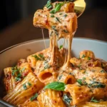 Close-up of creamy tomato garlic pasta with rigatoni, melted cheese, basil, and herbs