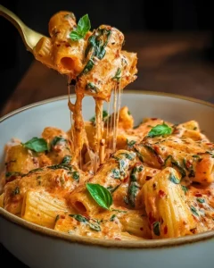 A bowl of creamy tomato garlic pasta with rigatoni, melted cheese, and fresh basil leaves