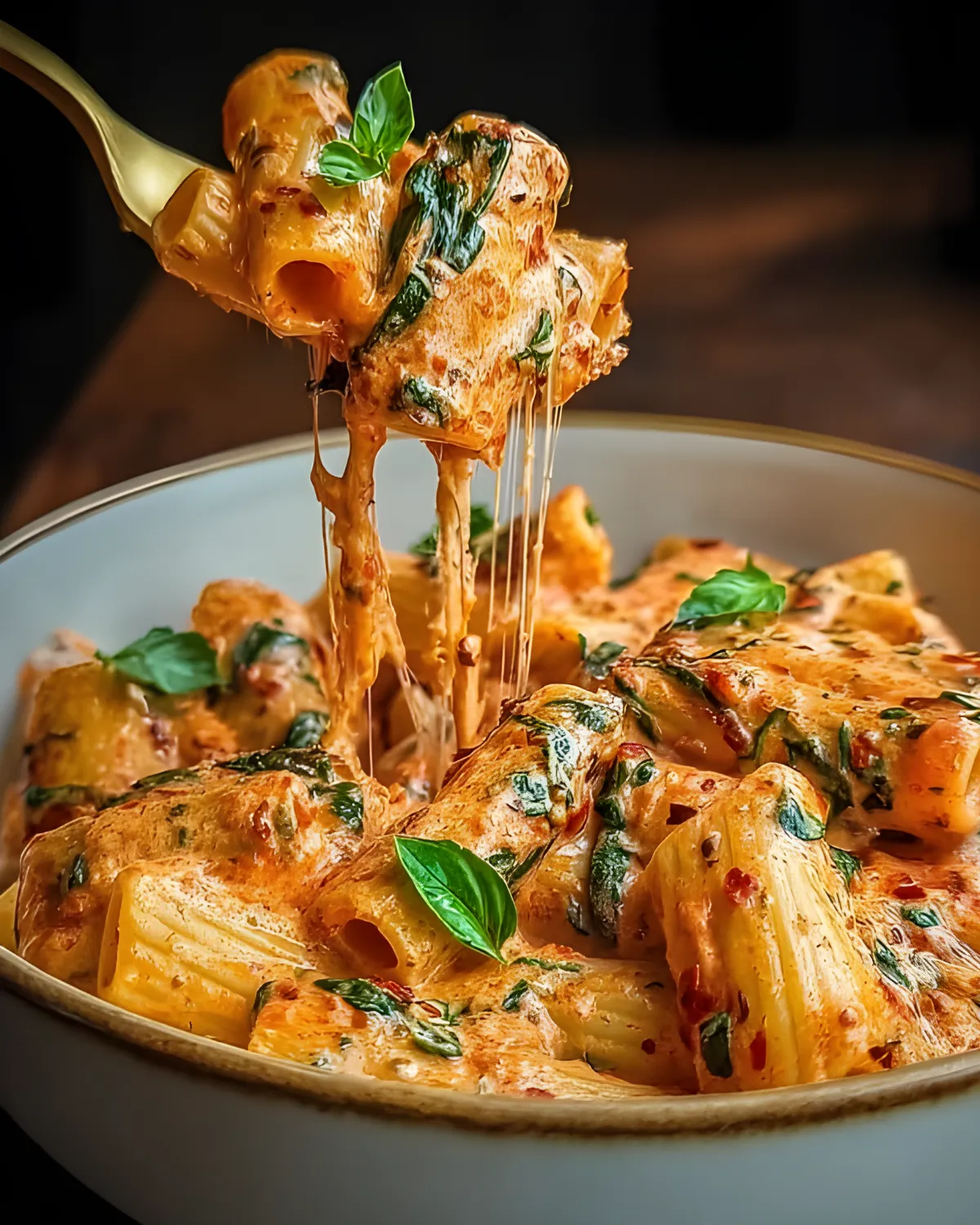 A bowl of creamy tomato garlic pasta with rigatoni, melted cheese, and fresh basil leaves