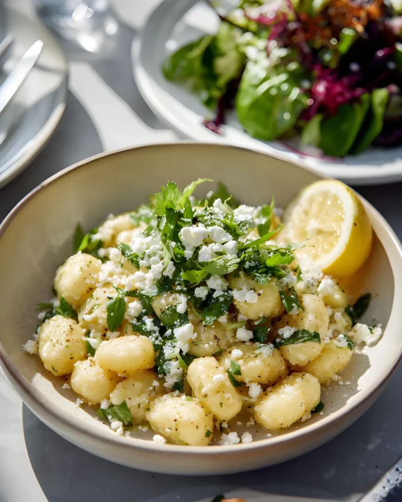 Crispy gnocchi topped with feta cheese, herbs, and a lemon wedge served alongside a fresh salad