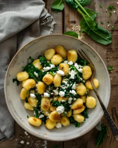Bowl of crispy gnocchi with sautéed spinach and crumbled feta cheese