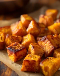 Crispy Sweet Potato Cubes roasted until golden brown and caramelized on the outside, served on parchment paper.