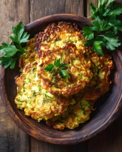 Crispy Zucchini Fritters Recipe served on a rustic wooden plate, showing golden brown zucchini fritters garnished with fresh parsley.