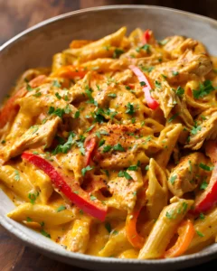 Bowl of Crock Pot Creamy Cajun Chicken Pasta with penne, tender sliced chicken, red bell peppers, and parsley in a rich creamy Cajun sauce.