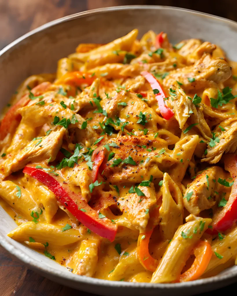 Bowl of Crock Pot Creamy Cajun Chicken Pasta with penne, tender sliced chicken, red bell peppers, and parsley in a rich creamy Cajun sauce.