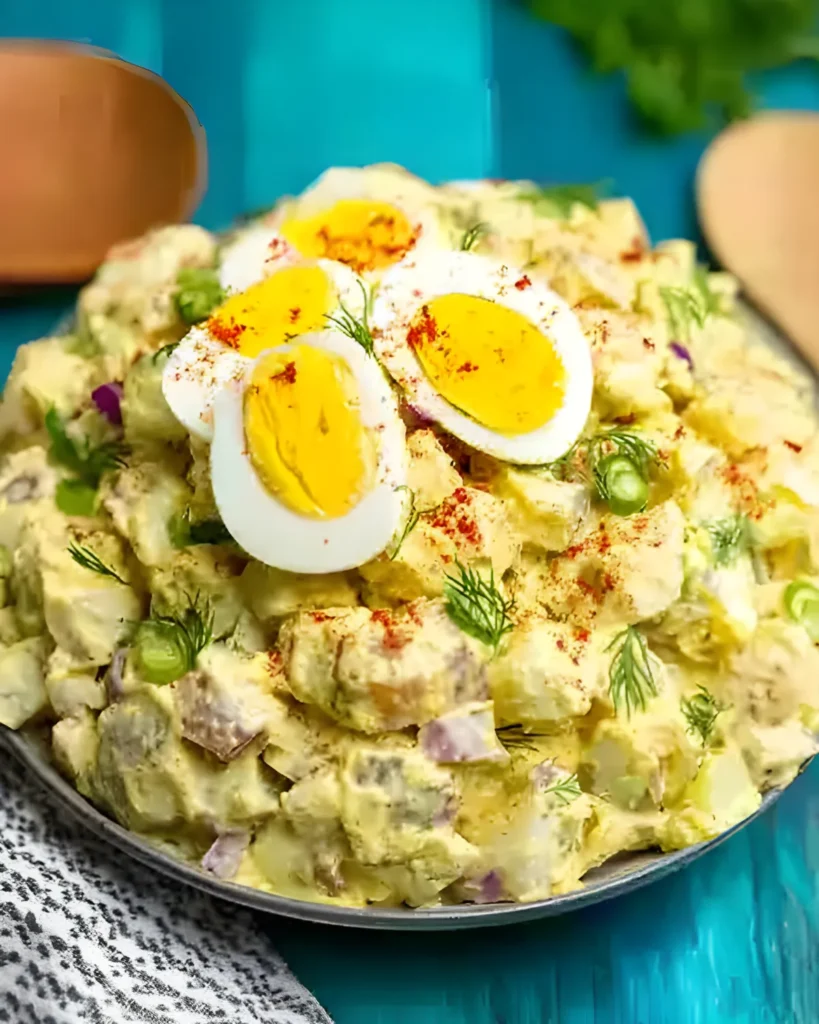 Deviled Egg Potato Salad topped with sliced hard-boiled eggs, paprika, fresh dill, and green onions in a creamy dressing