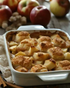 Easy Apple Casserole baked with tender cinnamon apples and golden biscuit topping in a white baking dish