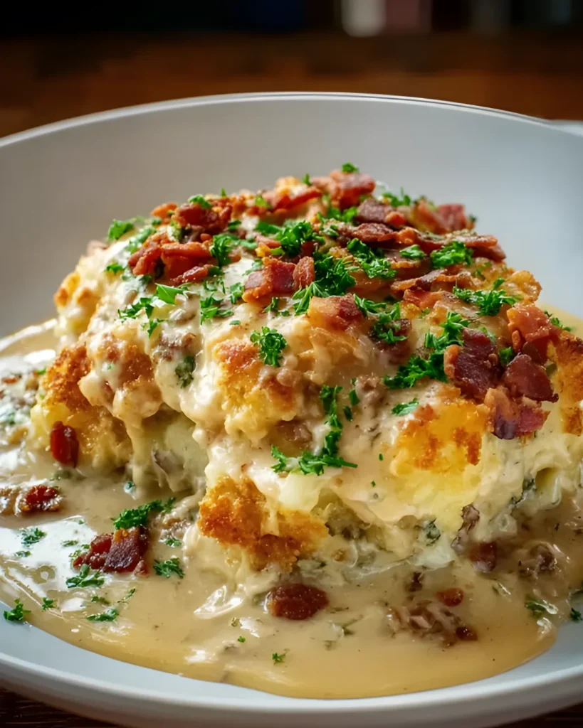 Easy Cowboy Casserole topped with crispy bacon and creamy gravy