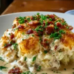 Plated Easy Cowboy Casserole topped with crispy bacon and creamy gravy