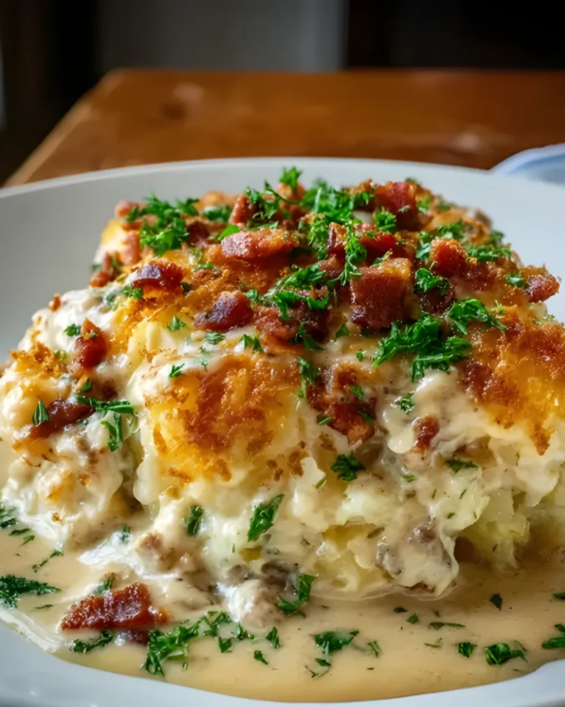 Plated Easy Cowboy Casserole topped with crispy bacon and creamy gravy