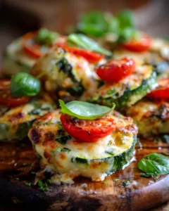 Easy No-Knead Zucchini Pizza topped with melted mozzarella, fresh basil leaves, and roasted cherry tomatoes on a rustic wooden board