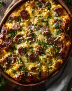 Easy Sausage and Egg Casserole baked with sausage slices, melted cheese, and herbs in a rustic dish