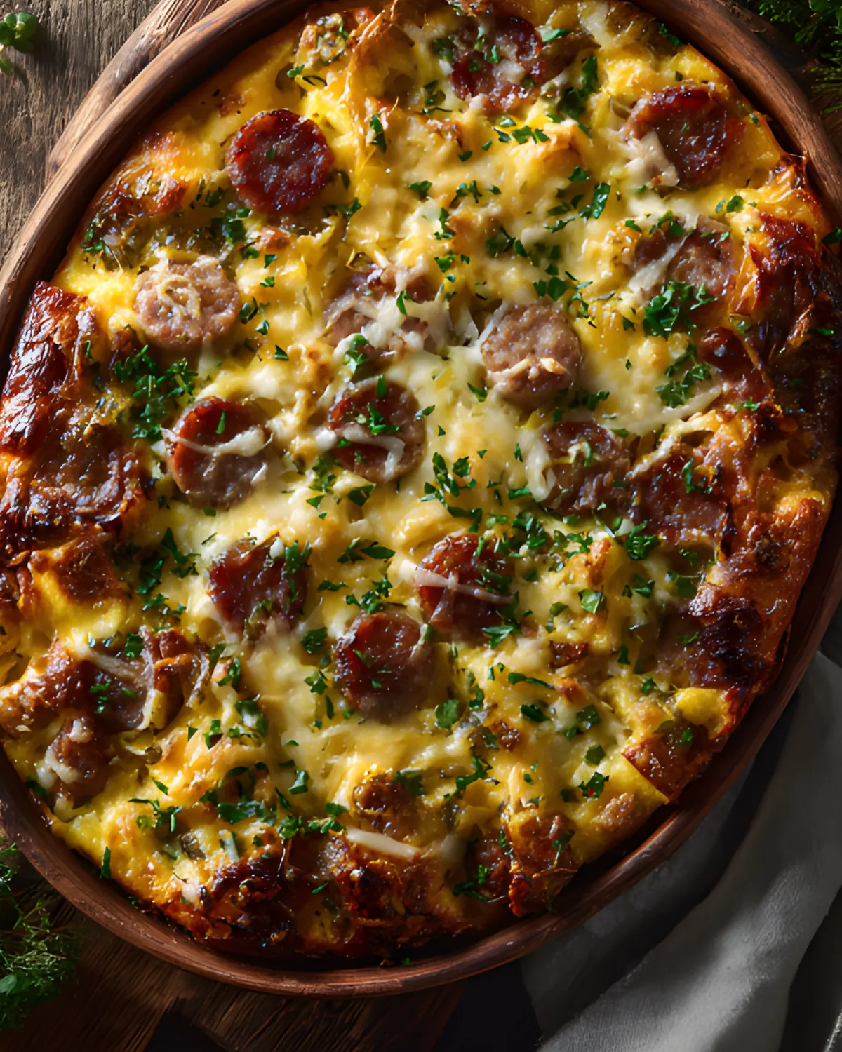 Easy Sausage and Egg Casserole baked with sausage slices, melted cheese, and herbs in a rustic dish