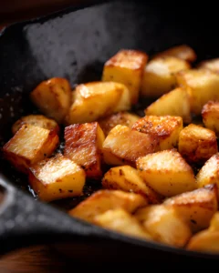 Easy Skillet Breakfast Potatoes cooking in a cast iron skillet with crispy golden brown edges and perfectly seasoned cubes.