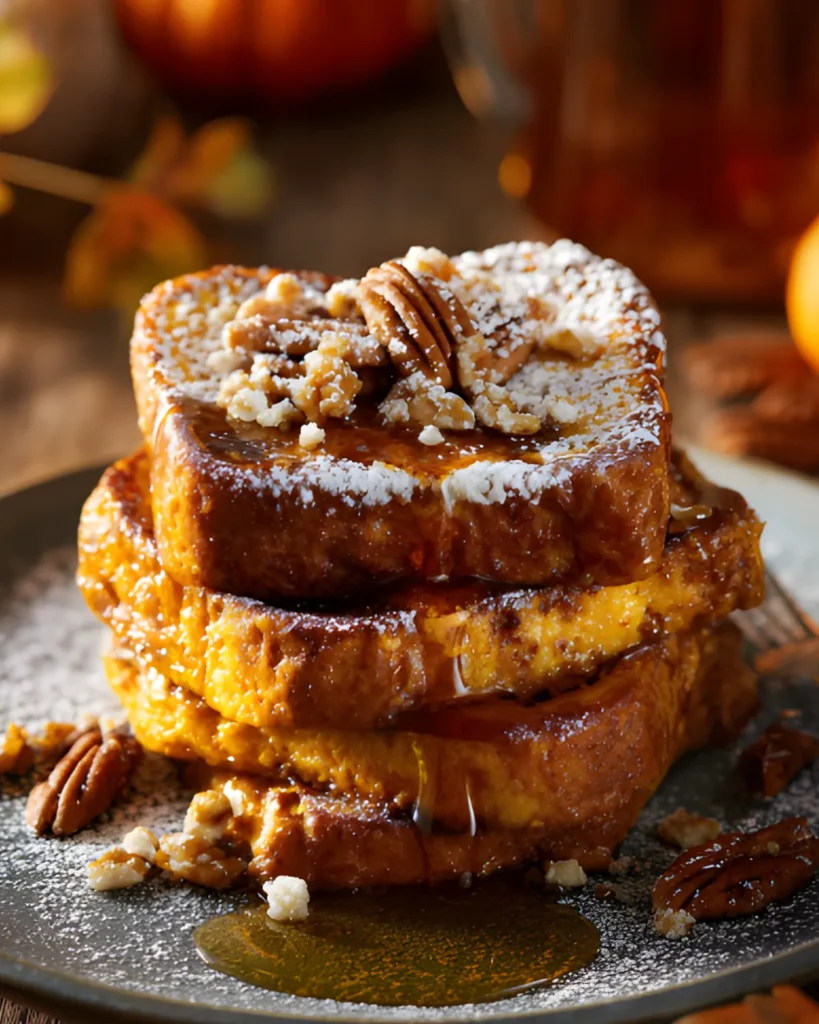 Stack of Fall Pumpkin French Toast topped with powdered sugar, pecans, and maple syrup on a rustic plate with autumn decor background