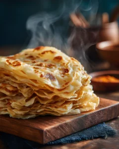 Flaky Roti Canai Recipe featuring stacked golden, crispy layered flatbread on a wooden board