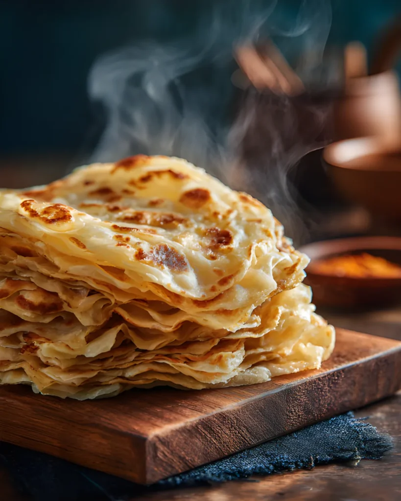 Flaky Roti Canai Recipe featuring stacked golden, crispy layered flatbread on a wooden board