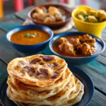 Flaky Roti Canai Recipe served with assorted curries and dipping sauces on a rustic table