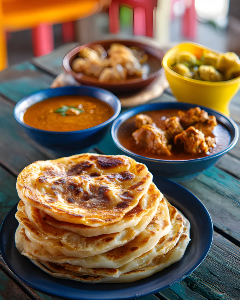 Flaky Roti Canai Recipe served with assorted curries and dipping sauces on a rustic table