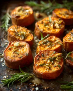 Garlic Butter Roasted Sweet Potatoes sliced and baked with rosemary and sea salt on a baking tray