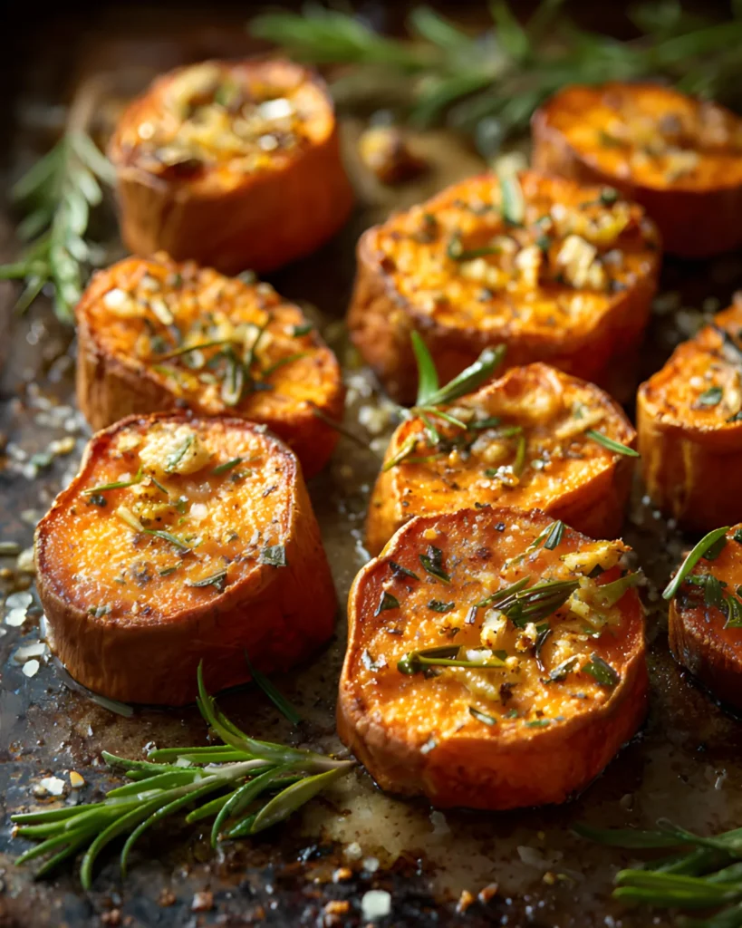 Garlic Butter Roasted Sweet Potatoes sliced and baked with rosemary and sea salt on a baking tray