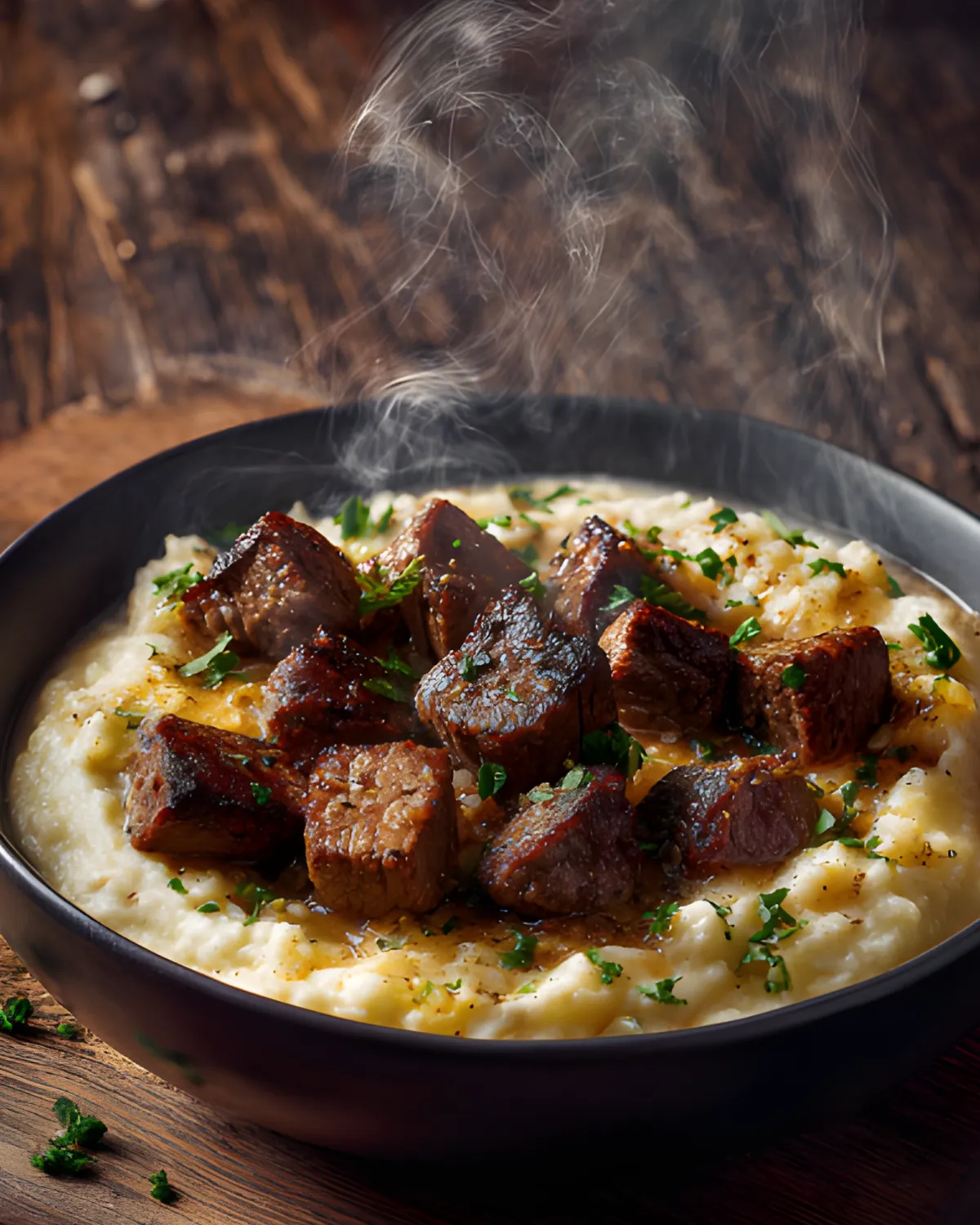 Garlic Butter Steak Bites served over creamy mashed potatoes with parsley and pan sauce