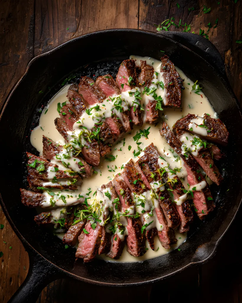 Sliced garlic butter steak in a cast iron skillet topped with creamy sauce and herbs
