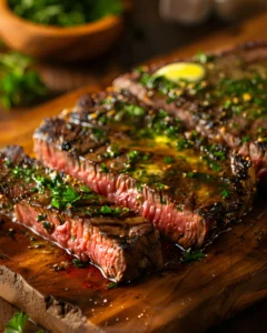Pan seared garlic butter steak sliced on a wooden board, topped with melted herb butter and fresh parsley.