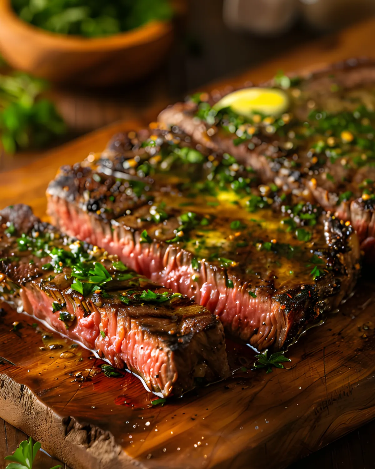 Pan seared garlic butter steak sliced on a wooden board, topped with melted herb butter and fresh parsley.