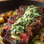 Juicy garlic butter steak topped with herb garlic butter sauce and roasted shallots in skillet