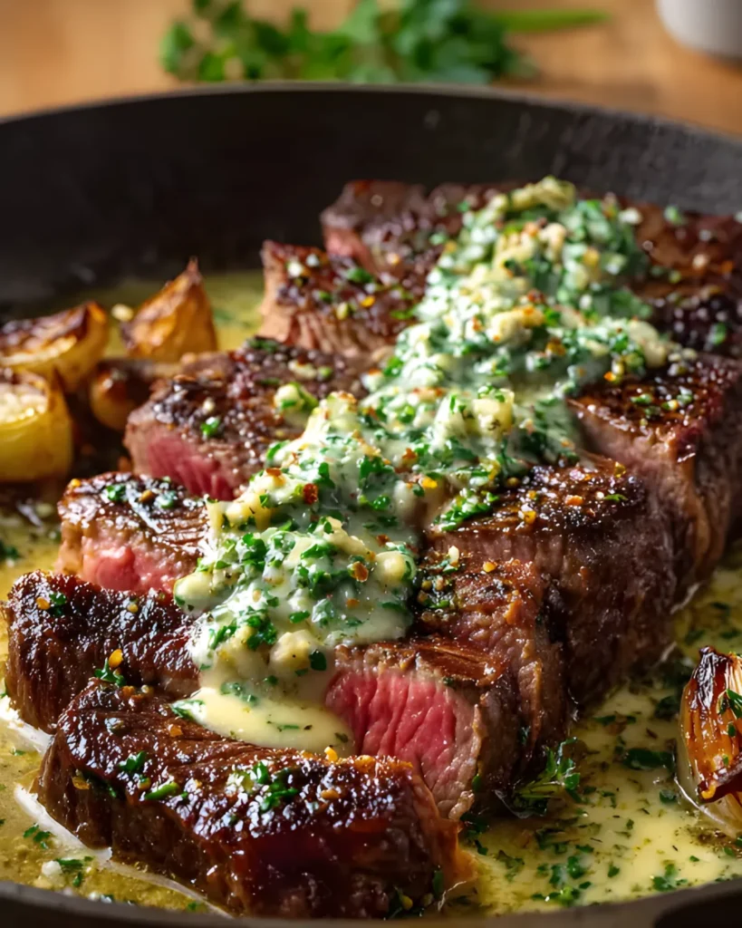 Juicy garlic butter steak topped with herb garlic butter sauce and roasted shallots in skillet