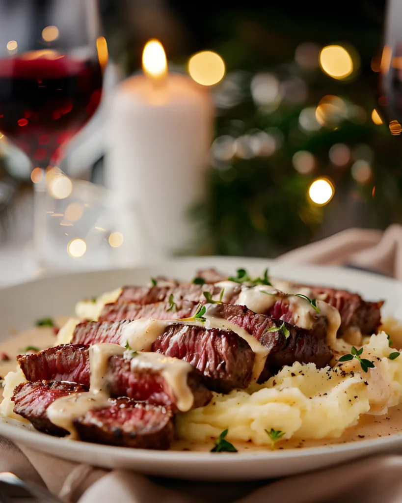 Pan seared garlic butter steak slices served over creamy mashed potatoes with rich garlic sauce and fresh herbs.