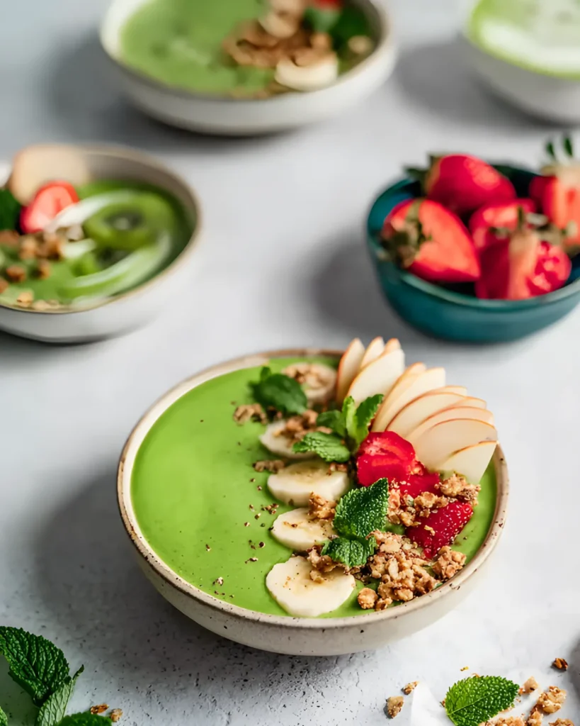 Green smoothie with coconut topped with banana slices, apple, strawberries, granola, and mint in a ceramic bowl