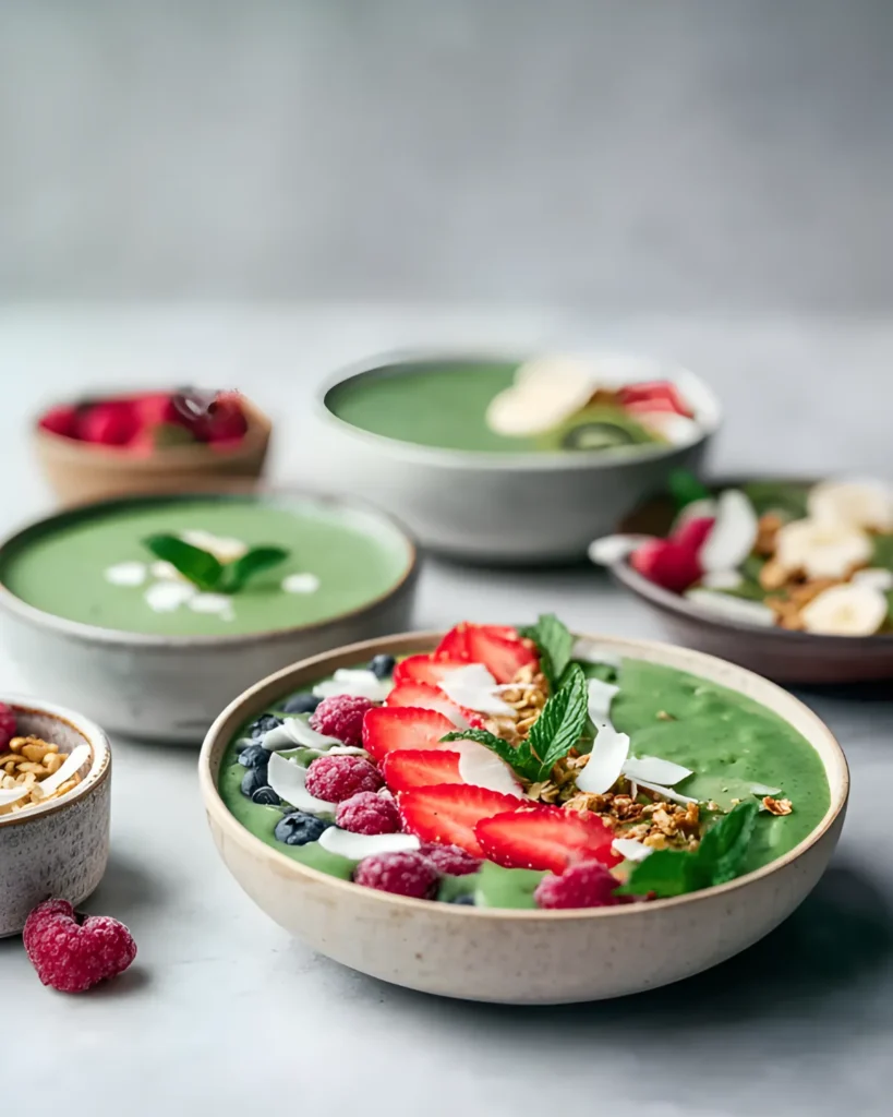Green smoothie with coconut topped with strawberries, raspberries, blueberries, granola, and mint in ceramic bowls