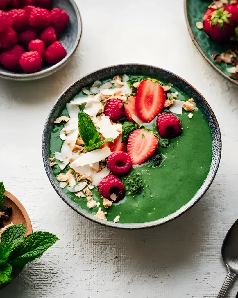 Green smoothie with coconut topped with strawberries, raspberries, and granola in a ceramic bowl