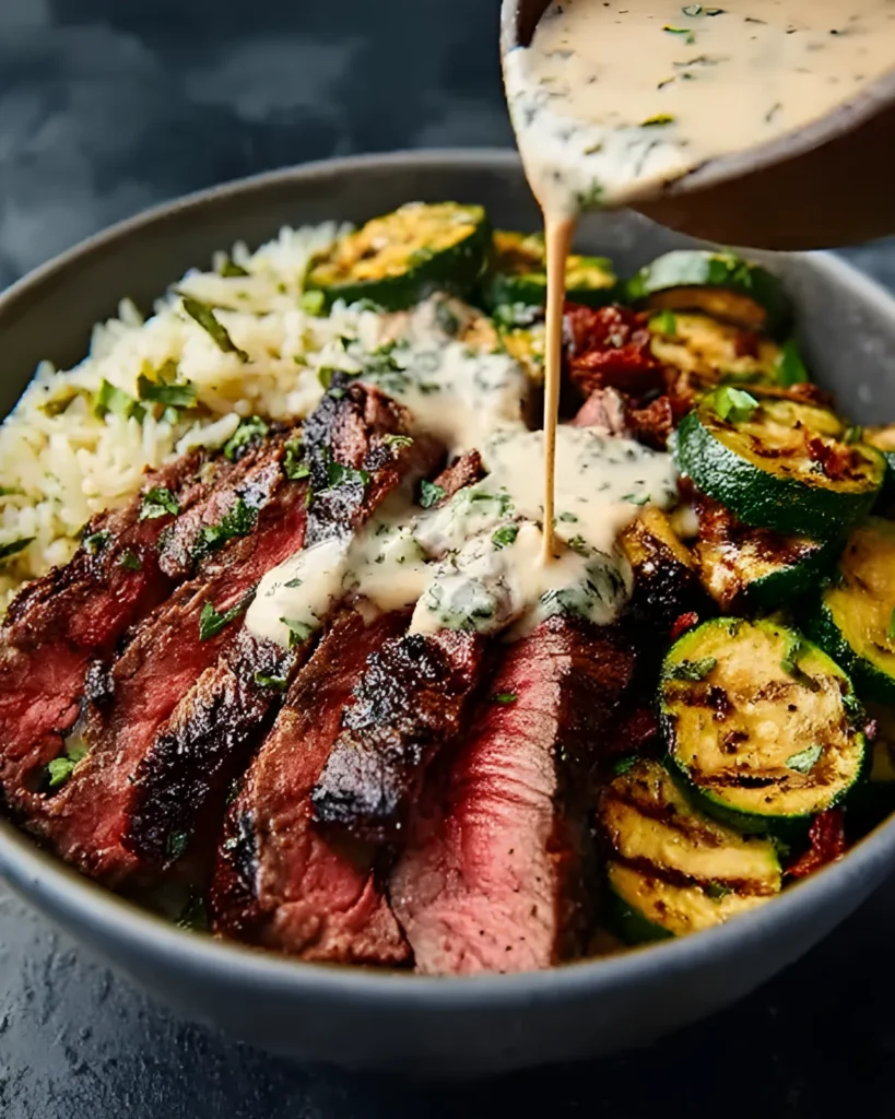 Grilled Steak Bowl with creamy garlic sauce, rice, and sautéed zucchini slices