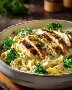 Healthy Chicken Alfredo with grilled chicken breast, creamy Alfredo sauce, fettuccine pasta, and fresh broccoli